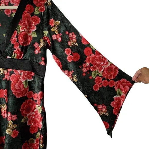 VTG Rave Womens Black Satin Floral Butterfly Kimono Bell Sleeves V-Neck Top L - Picture 4 of 8